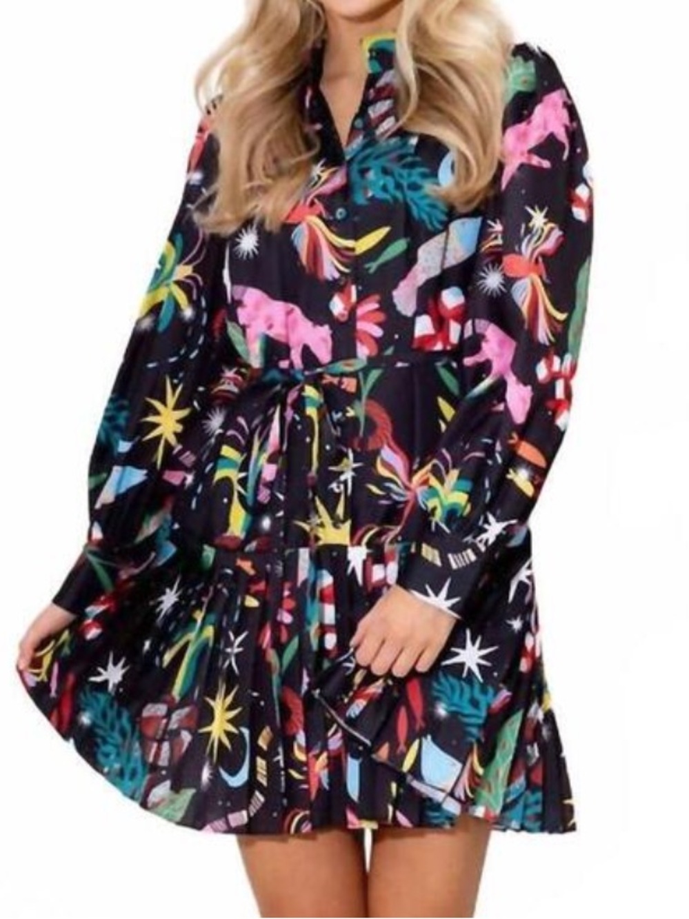 Alden Adair Reagen Dress Women XL Black Moonlight Print Pleated Mini MISSING TIE